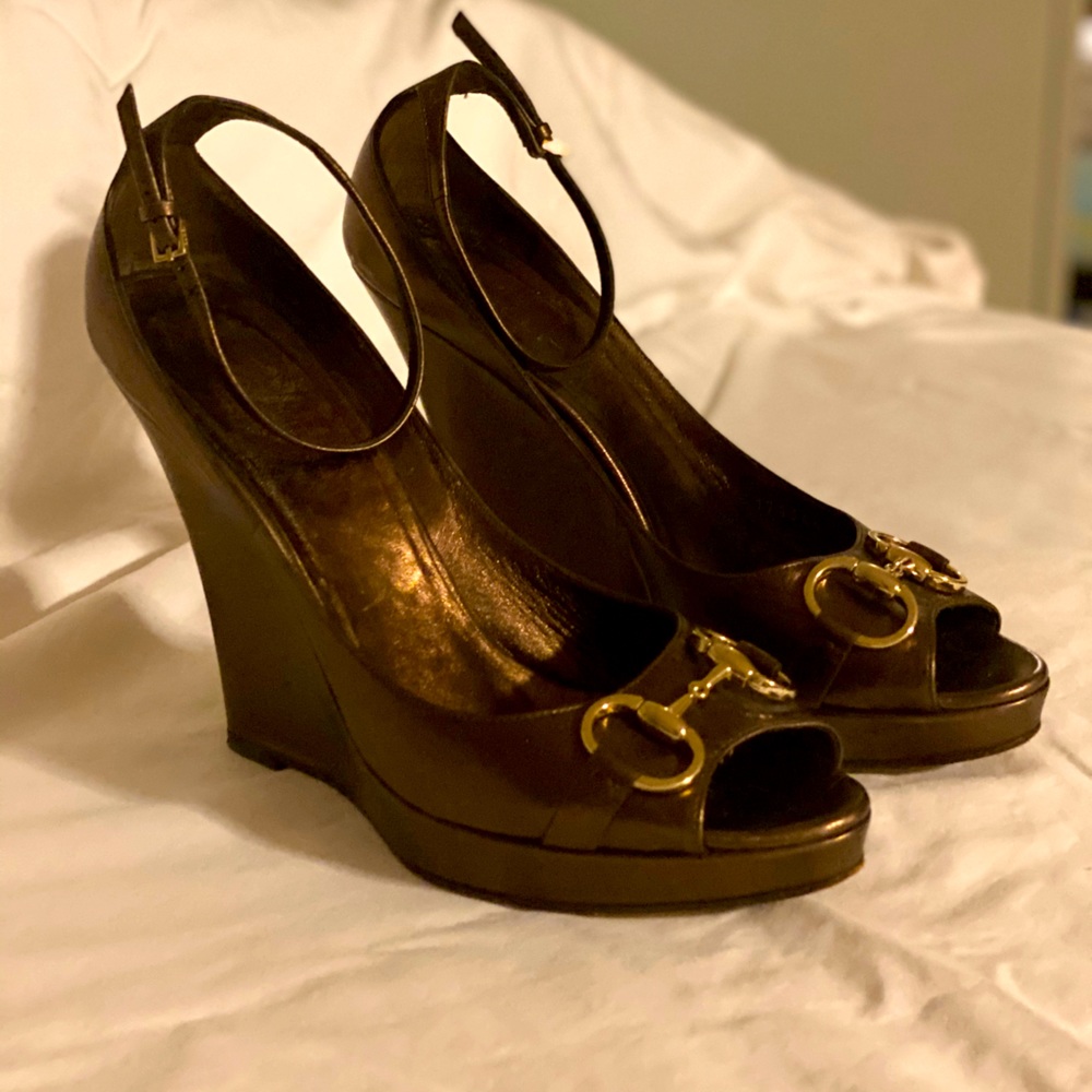 Gucci Metallic Horsebit Bronze Leather Wedge